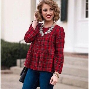 Madewell‎ Classic Plaid Tiered Bell Sleeve Button Back Crop Top S